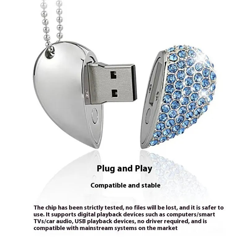 Blue heart-shaped metal USB flash drive with a brick pattern design on a white background.
