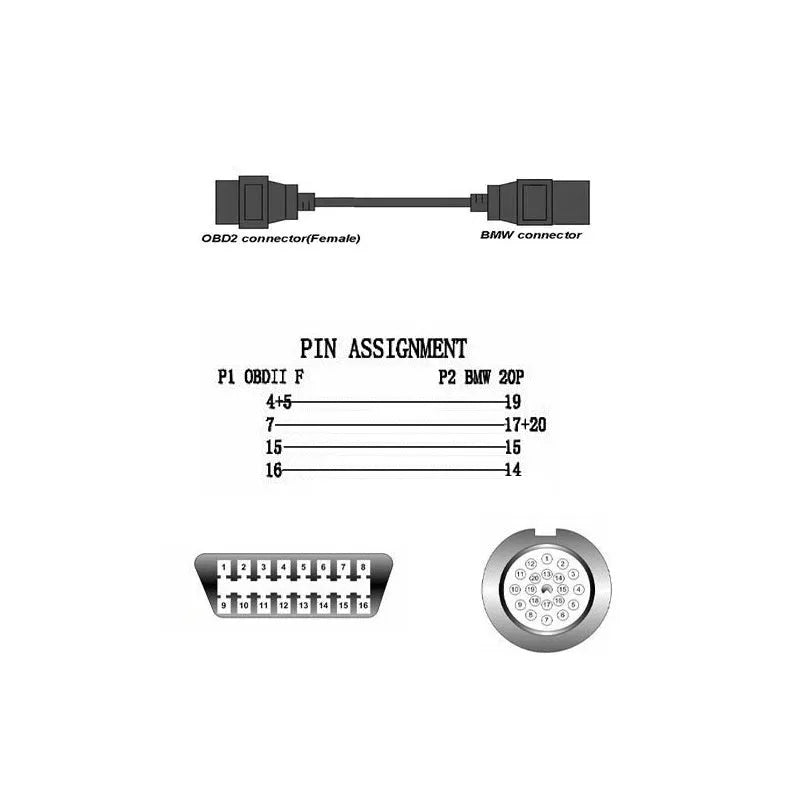 BMW OBD2 diagnostic adapter cable converting 20-pin connector to standard 16-pin OBD2 plug