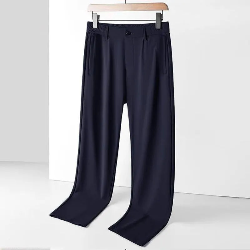 Men's black loose-fit Ice Silk trousers with a straight leg and elasticated waistband.
