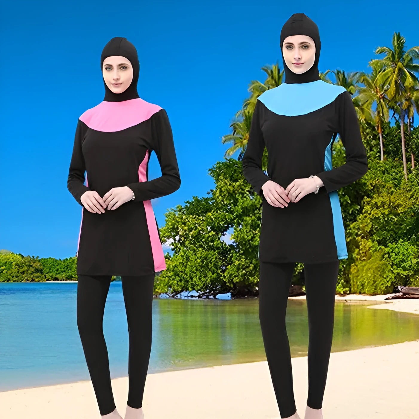 Conservative women's hooded swimsuit with long sleeves in black with rose red colour combination