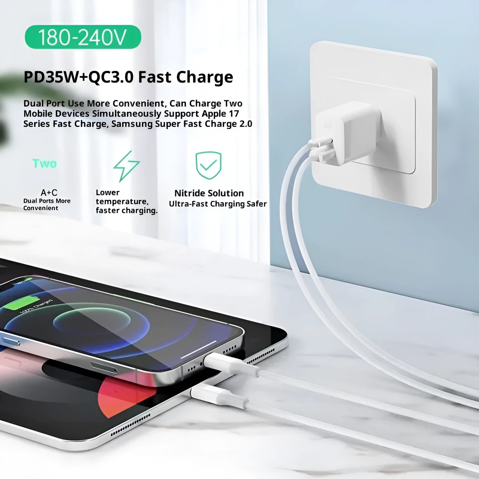 35W European standard multi-port USB charger in black with Type-C and USB-A ports on a white background