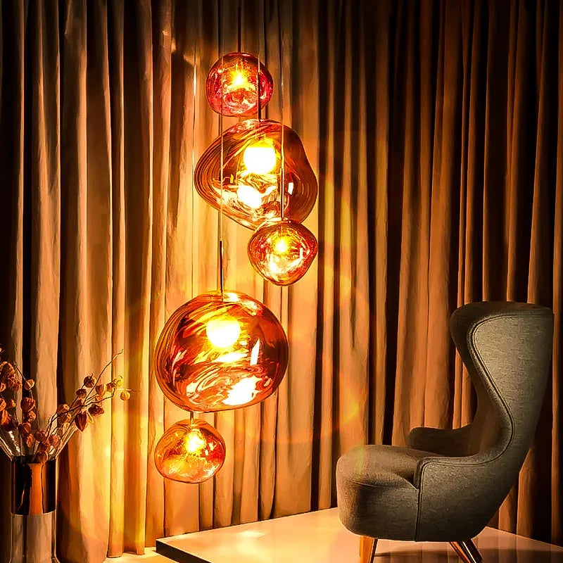 Post-modern Nordic chandelier with irregular glass shade in gold, copper, or silver finish