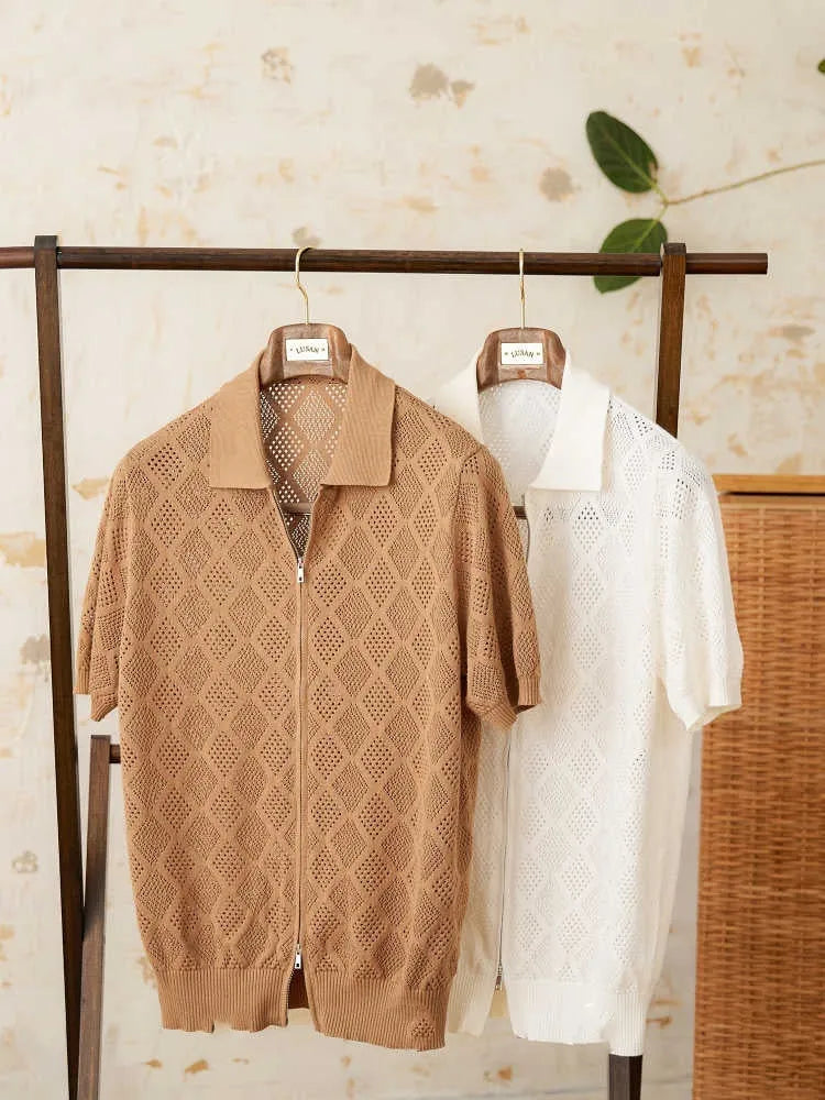 Light brown cotton short sleeve cardigan with zip front and lapel collar laid flat