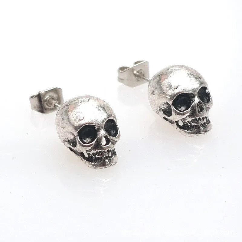 Retro skull eardrop earrings 11x8mm alloy ancient silver unisex Halloween