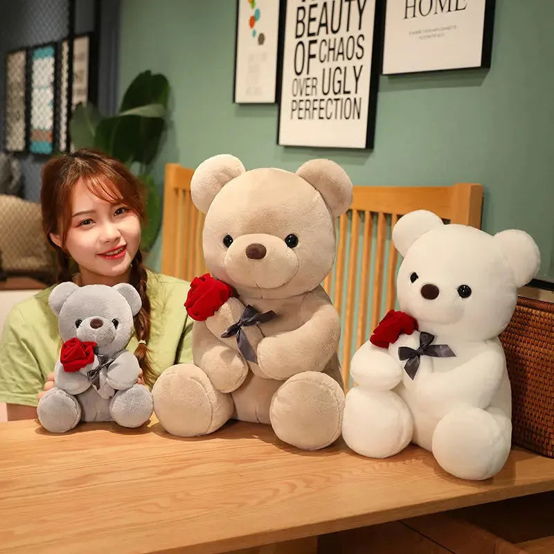 Rose bear plush teddy doll in beige, brown, or grey with soft short plush fabric