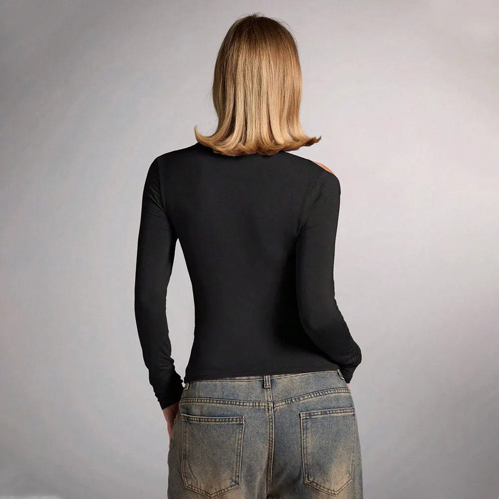 Black women's halter top with shoulder-baring strapless design and long sleeves