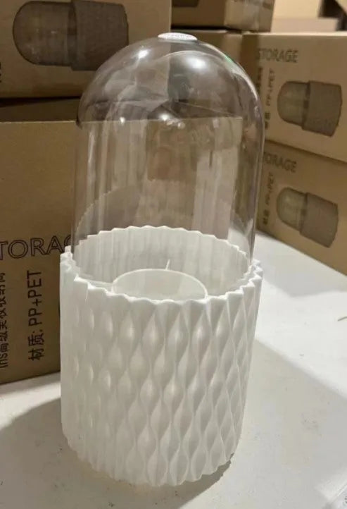 White acrylic makeup brush storage box with transparent design and rotating base
