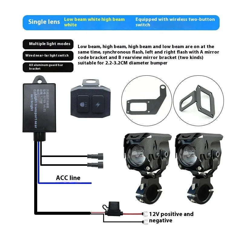 Motorcycle LED spotlight kit with tangent lens for electric vehicle modifications