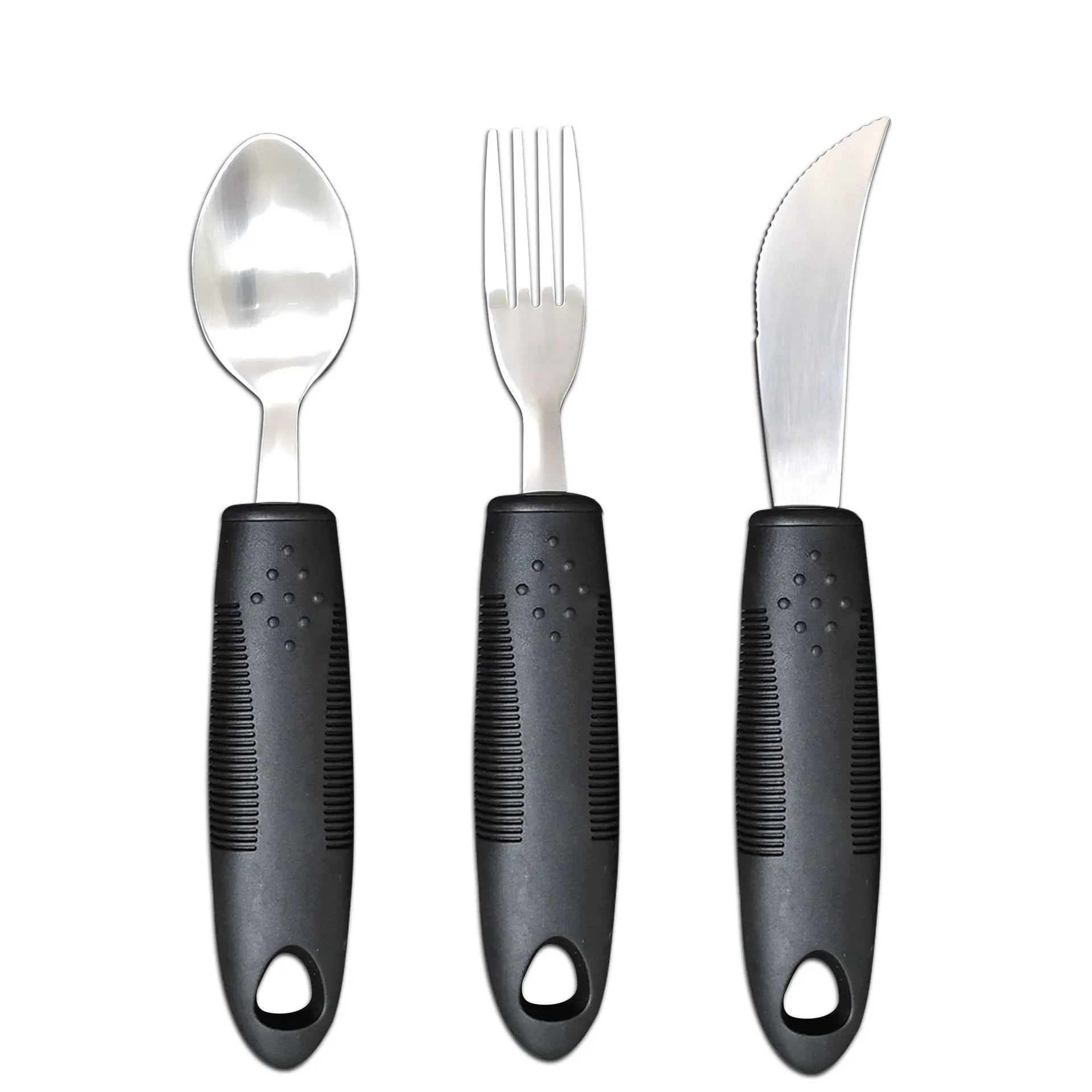 Stainless steel adaptive eating utensils with rubber anti-shake handles for elderly dining assistance