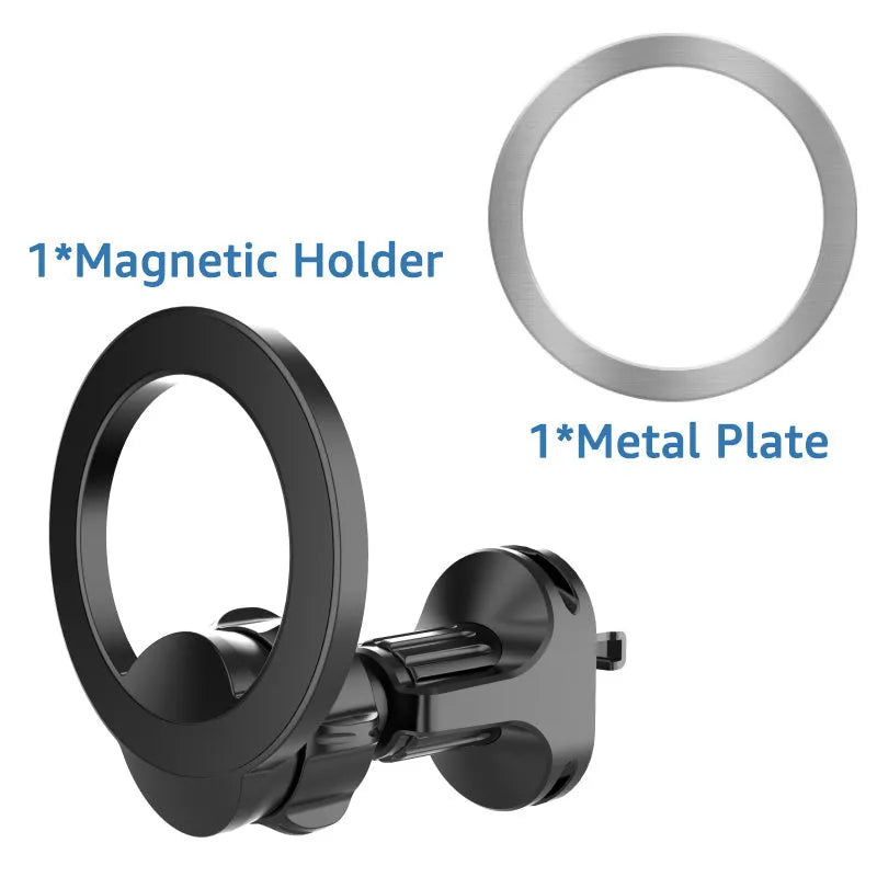 Black magnetic car phone holder with O-ring bracket for air vent mounting