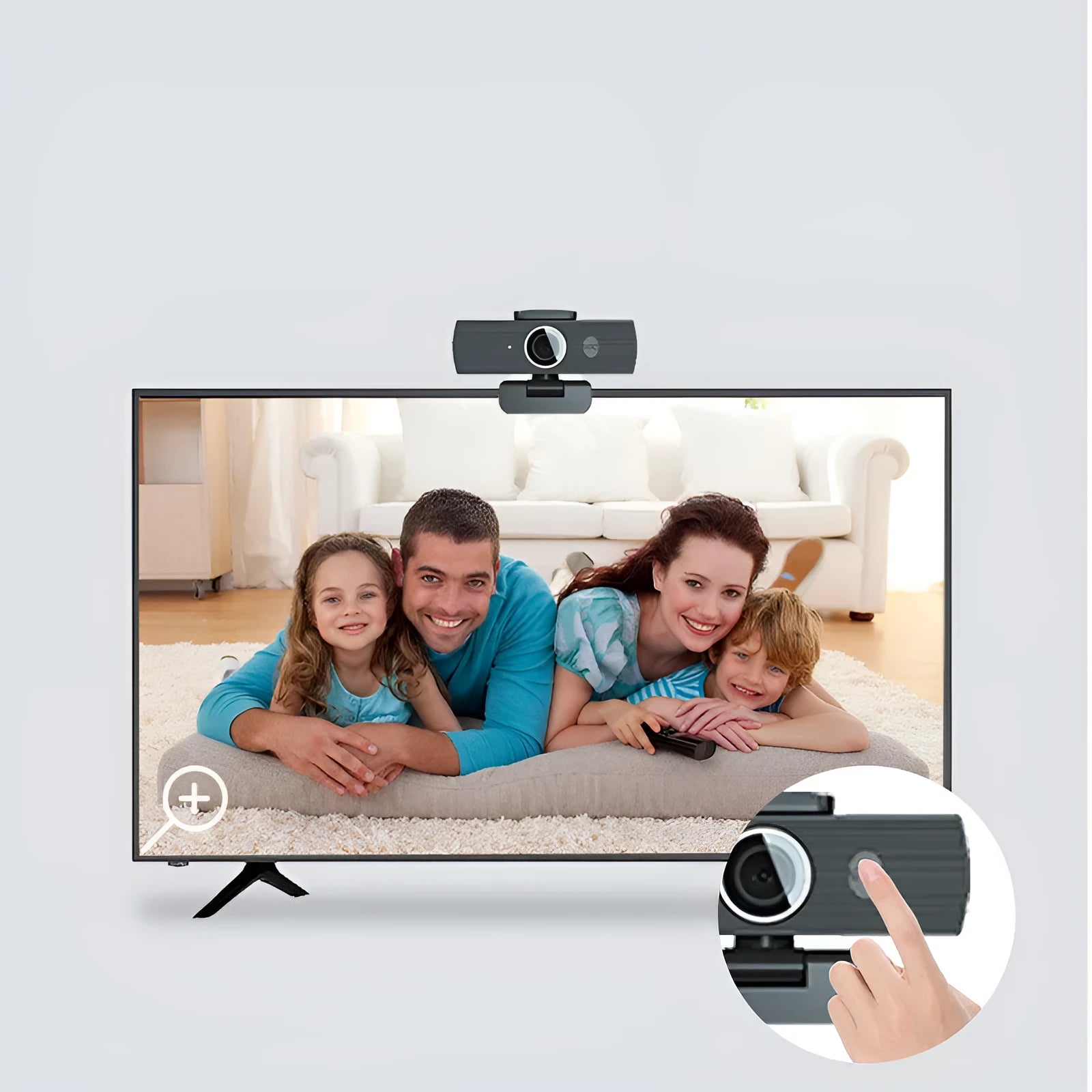 Black 8MP USB webcam with a magnetic privacy cover attached, shown next to its cable and manual.