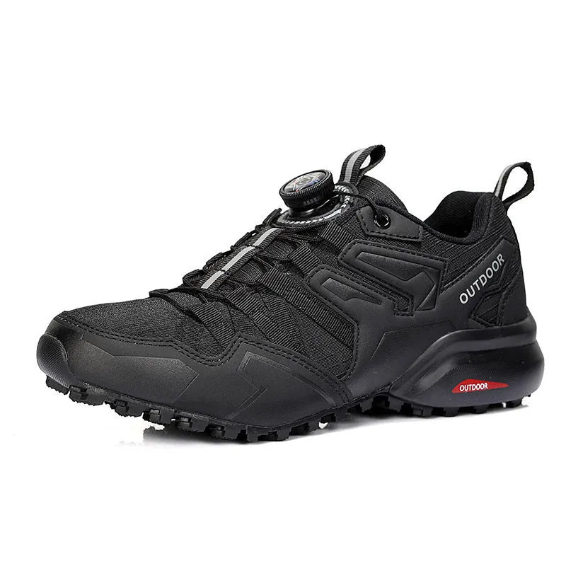 Men's off-road lightweight hiking shoes in black with an elastic band closure and rubber sole.