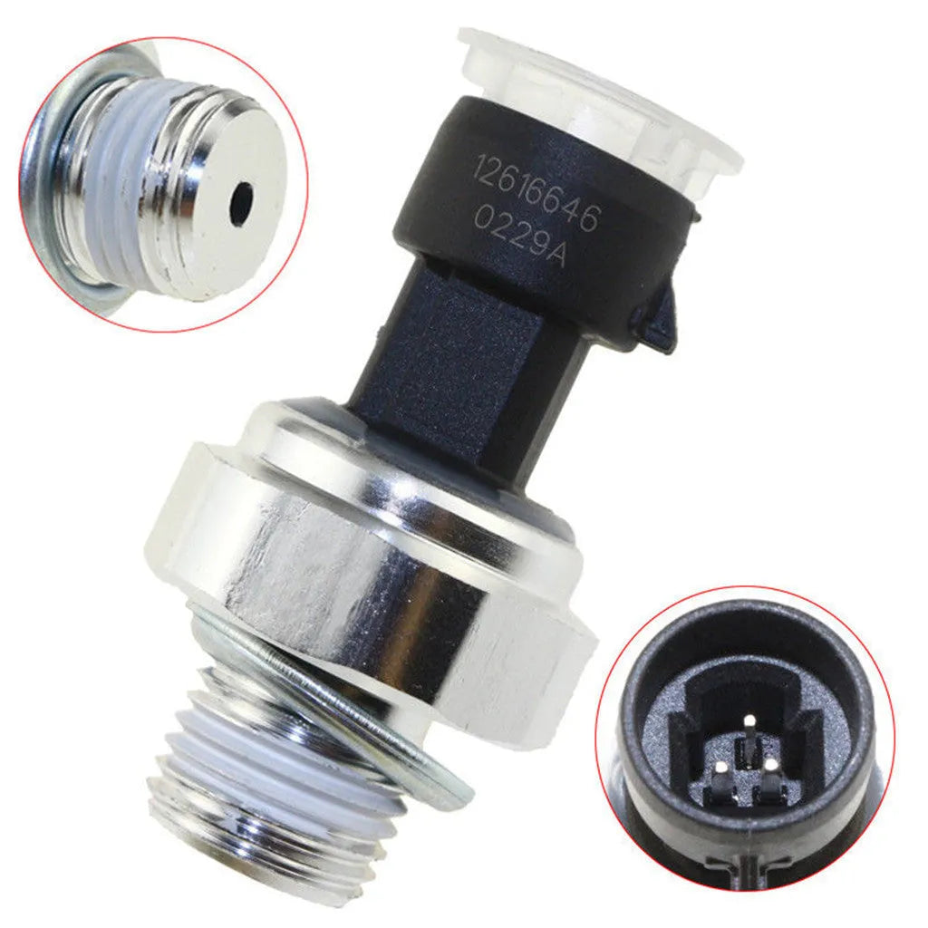 Buick Chevrolet oil pressure sensor showing electrical connector and threaded body.