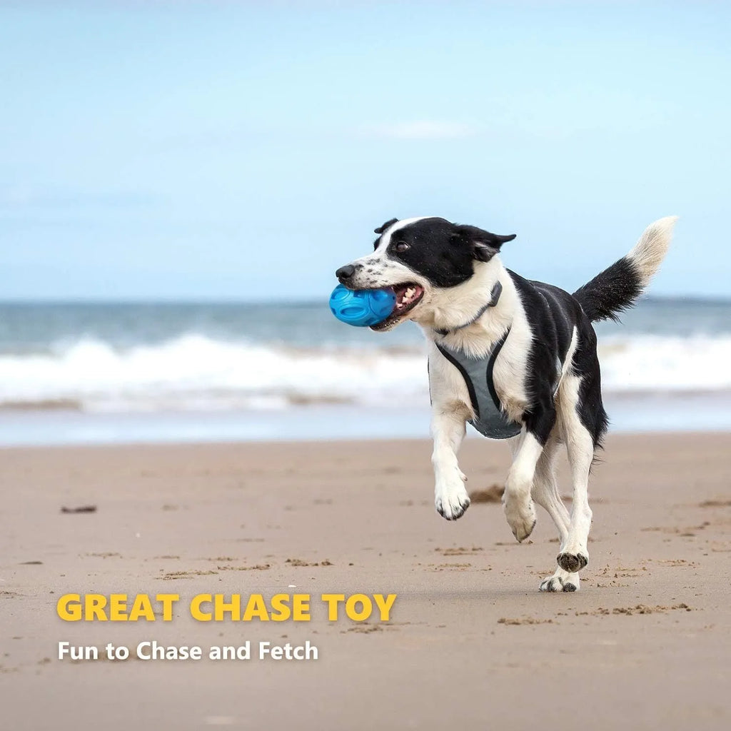 Blue, green, and orange natural rubber squeaky dog chew ball for medium and large breeds