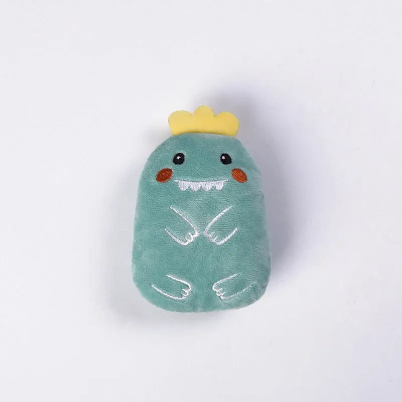 Small plush cat toy with catnip filling for chewing and teeth grinding, shown in assorted colours.