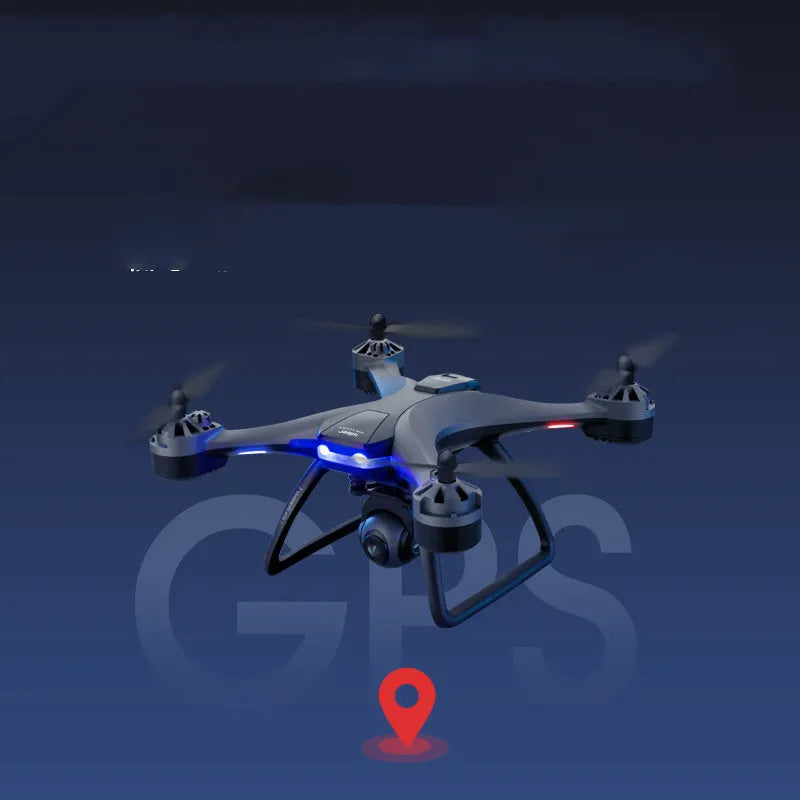 GPS quadrocopter drone with anti-fall protection and dual cameras, shown with remote controller and spare blades