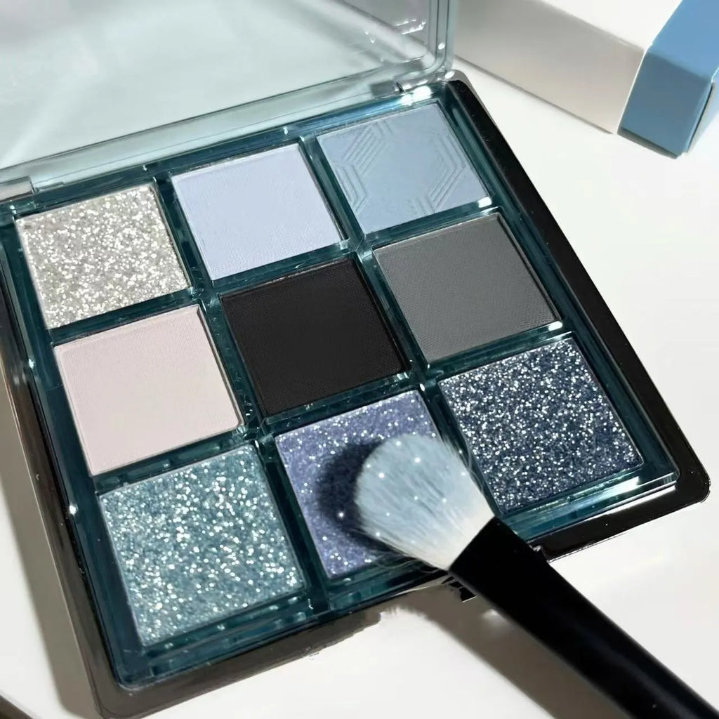 MUGELEEN nine-colour eye shadow palette showing low saturation blue smoked matte shimmer diamond debris finishes