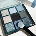 MUGELEEN nine-colour eye shadow palette showing low saturation blue smoked matte shimmer diamond debris finishes