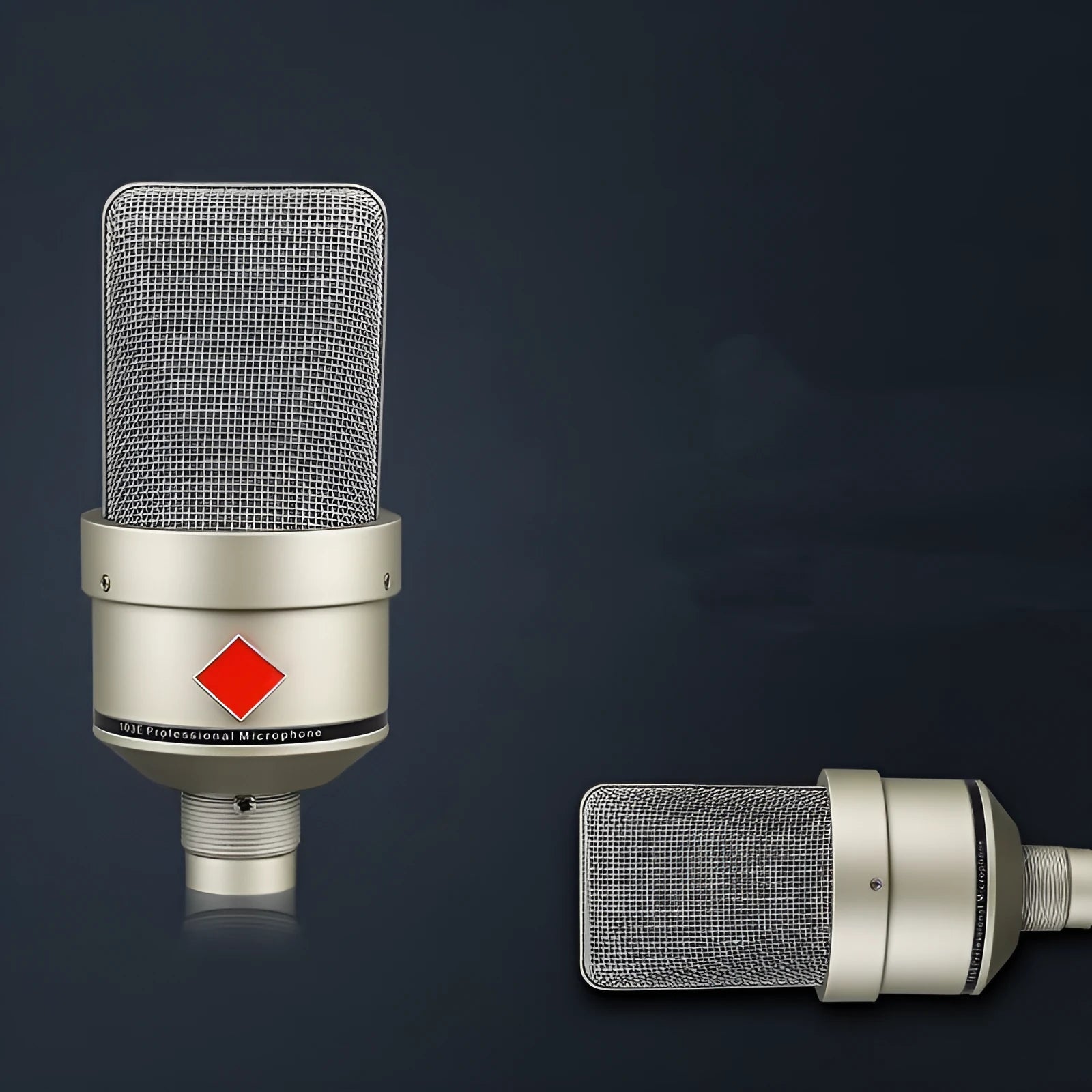 Champagne gold wired condenser microphone with stand on a table.