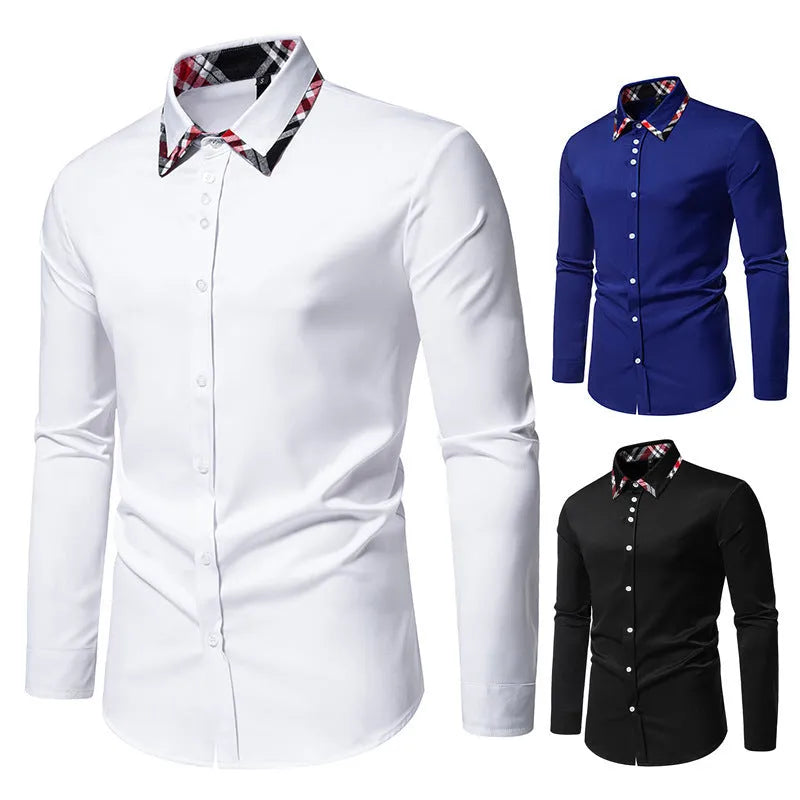Men's plaid pattern casual shirt with triangle collar and long sleeves in polyester fibre blend fabric