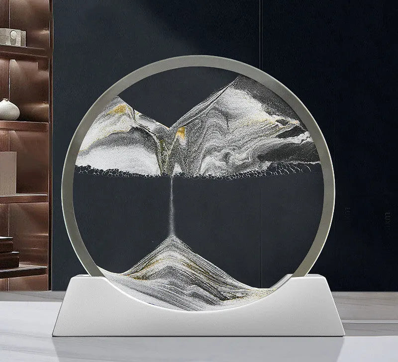 Rotating quicksand painting inside a modern 12-inch glass night lamp on a desktop