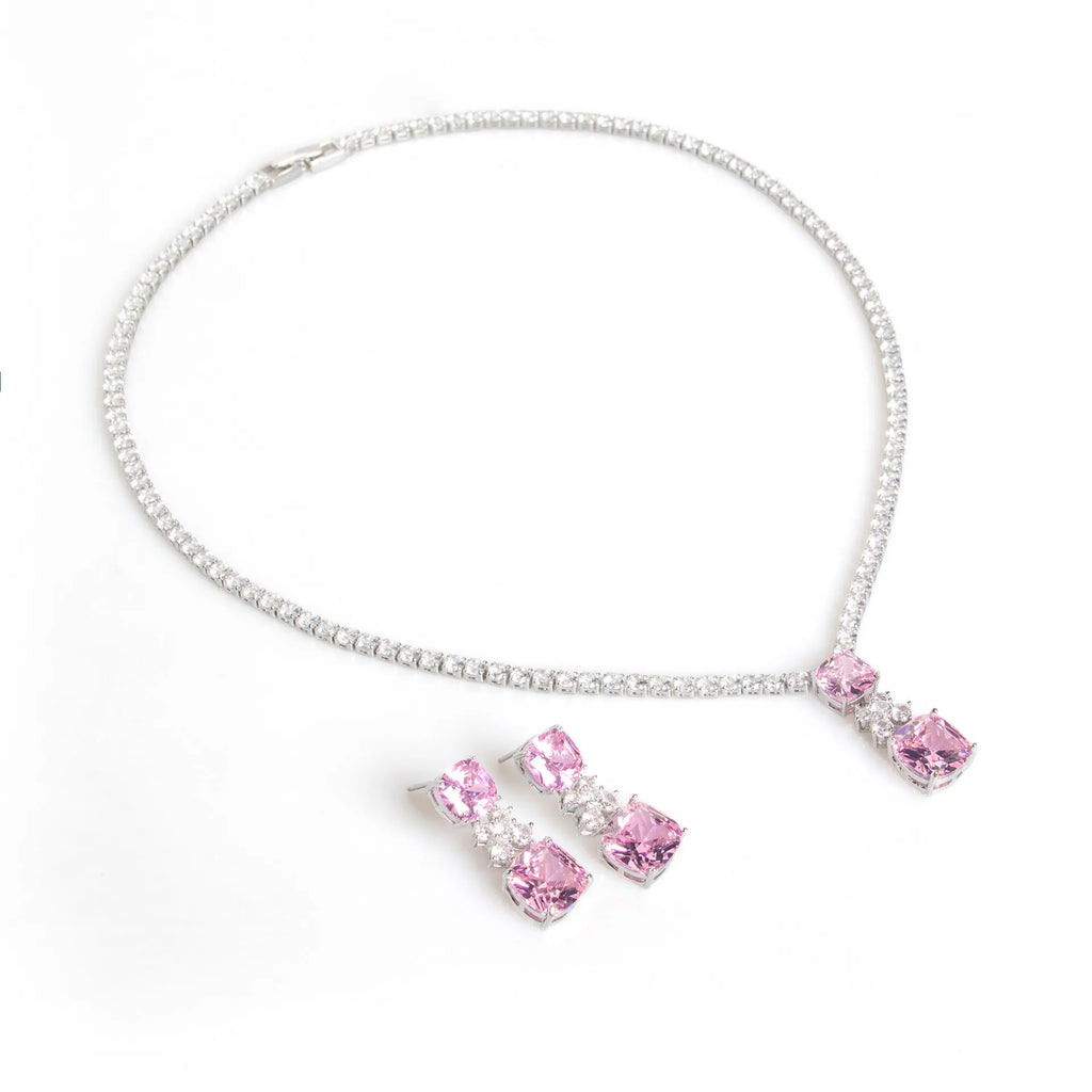 Simple square zircon pendant earrings and necklace set with copper claw chain in five colour options