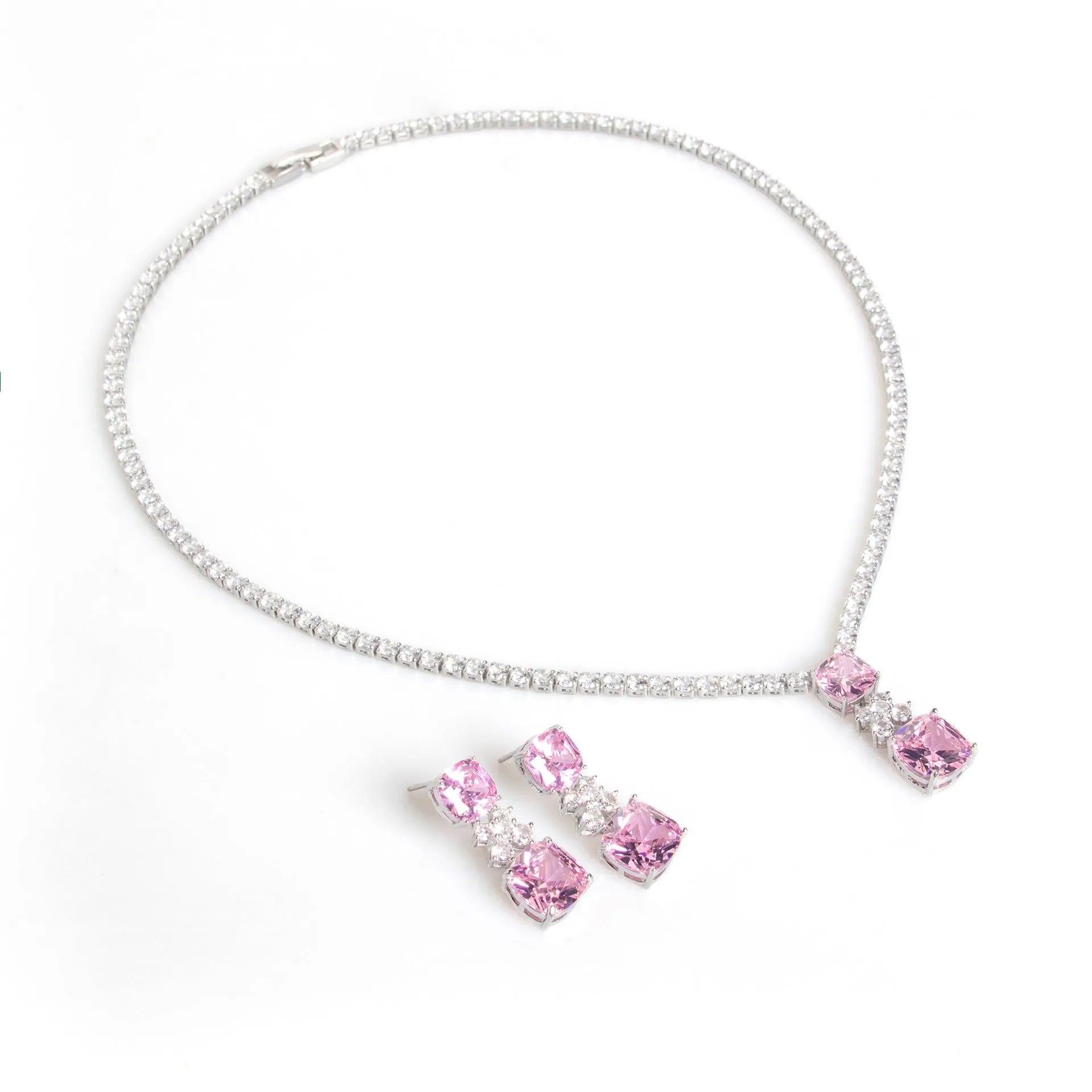 Simple square zircon pendant earrings and necklace set with copper claw chain in five colour options