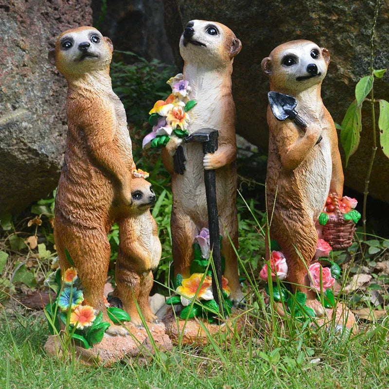 Plastic resin mongoose ornament set with straw hats and gardening tools for bonsai decoration