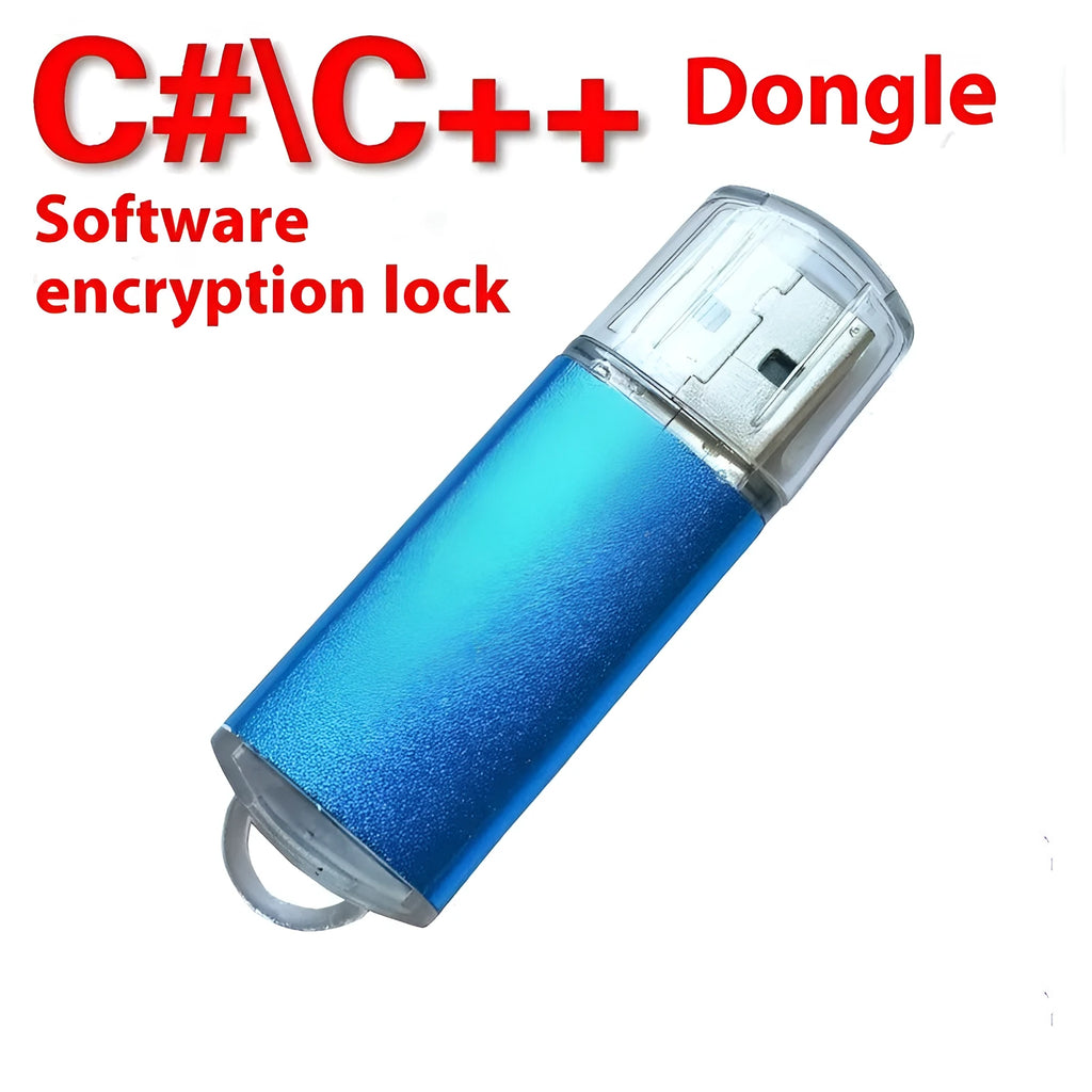 USB software encryption lock dongle with metal shell, shown in multiple colour options including black, blue, and red.