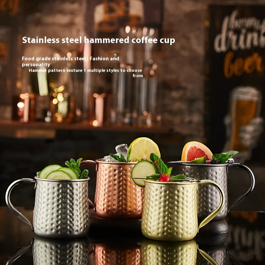 Copper plated stainless steel Moscow Mule mug in hammered and smooth styles, shown in silver, gold, rose gold, and black.