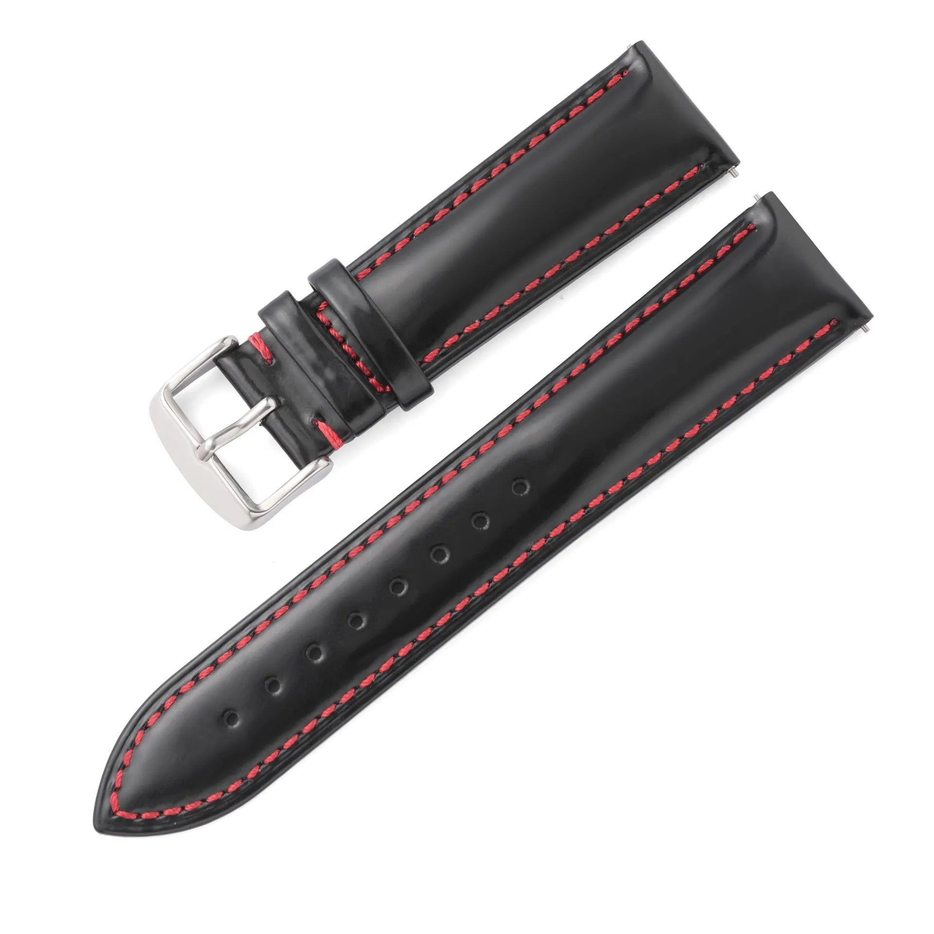 Quick-release cowhide leather watch strap in black with white accent line, showing the spring bar mechanism.
