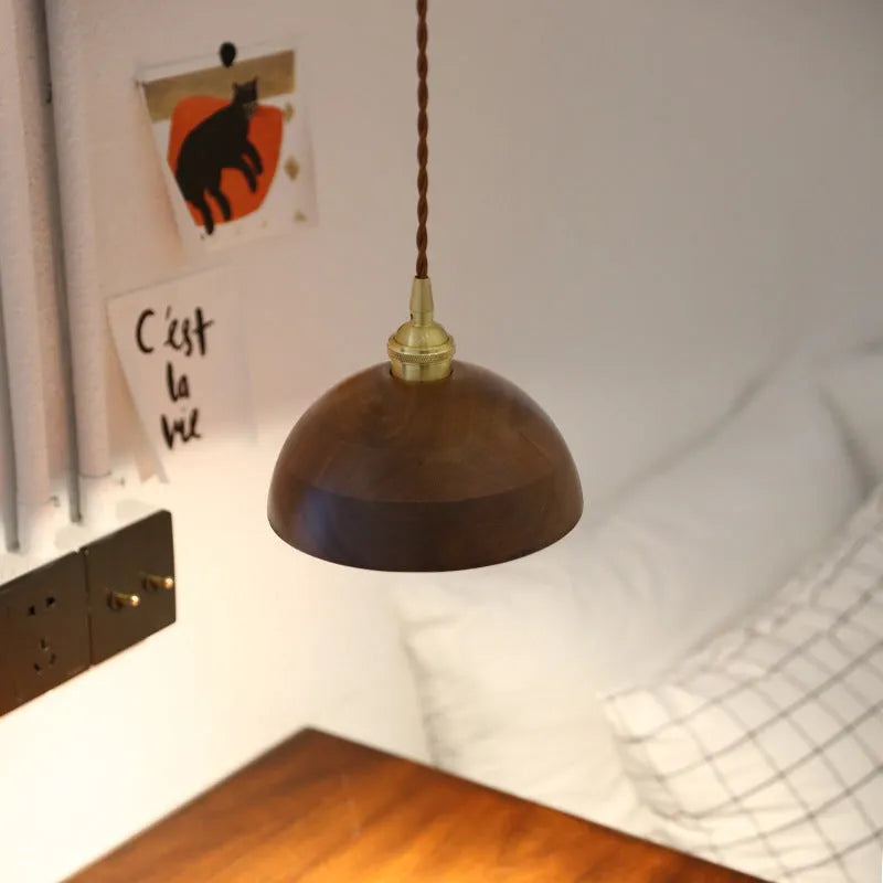 Black walnut wood and copper single-head droplight ceiling chandelier with a fabric cord.