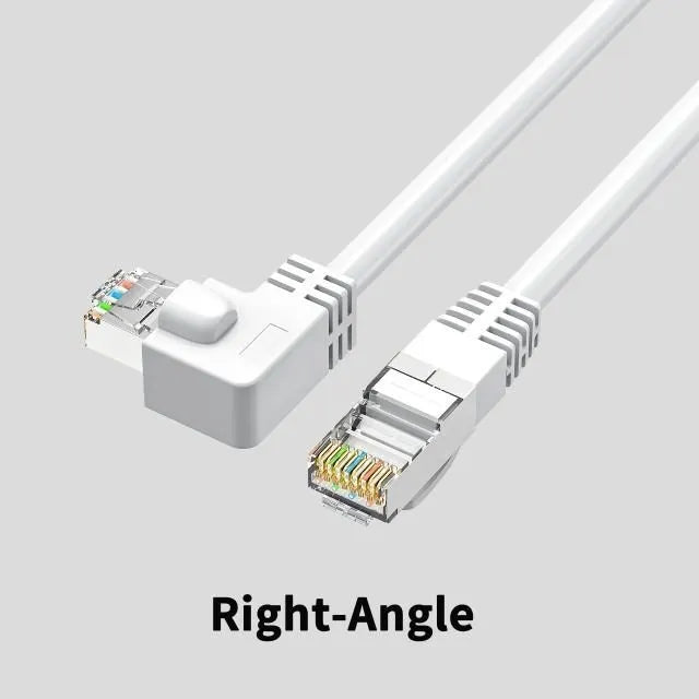 Right-angled Cat6 Ethernet cable with metal connector in various colours including black, red, and yellow.