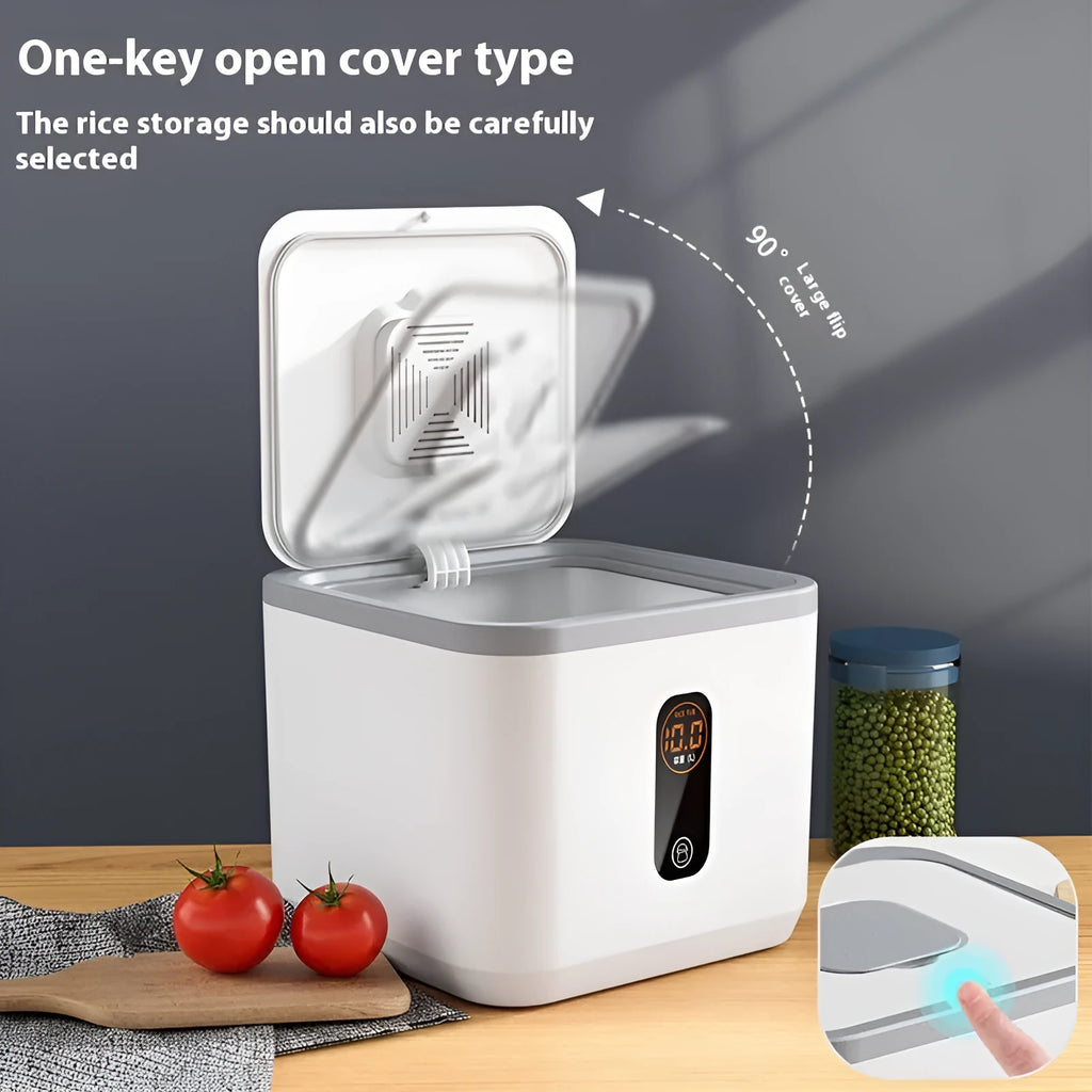 Grey plastic rice storage jar with lid and measuring cup for 10kg, 20kg, or 30kg capacity.