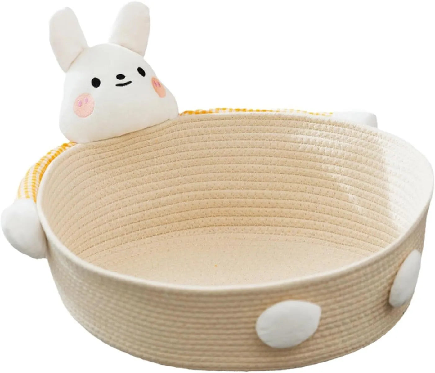Woven cotton rope cat bed and scratching pad in bear design, showing basket shape.