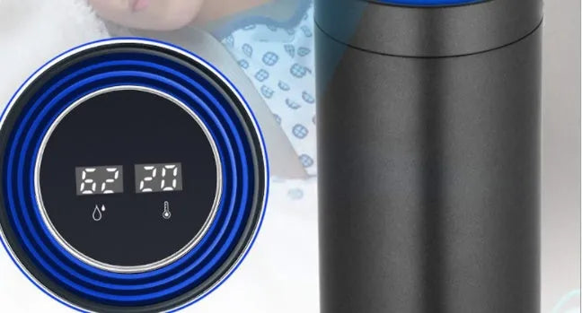 Aluminium alloy car air purifier with display screen, USB cable, suitable for cup holder use.