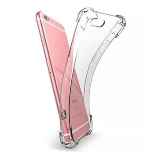 Transparent shockproof TPU iPhone case showing clear back cover design with visible Apple logo