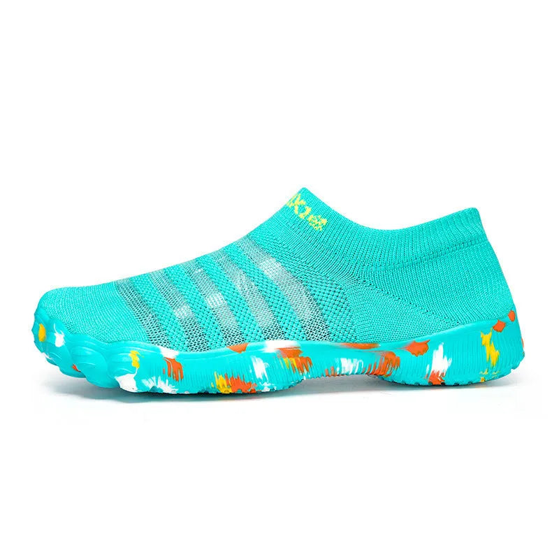 Men's camouflage water shoes with Flyknit upper and rubber sole, shown in lace-up style.