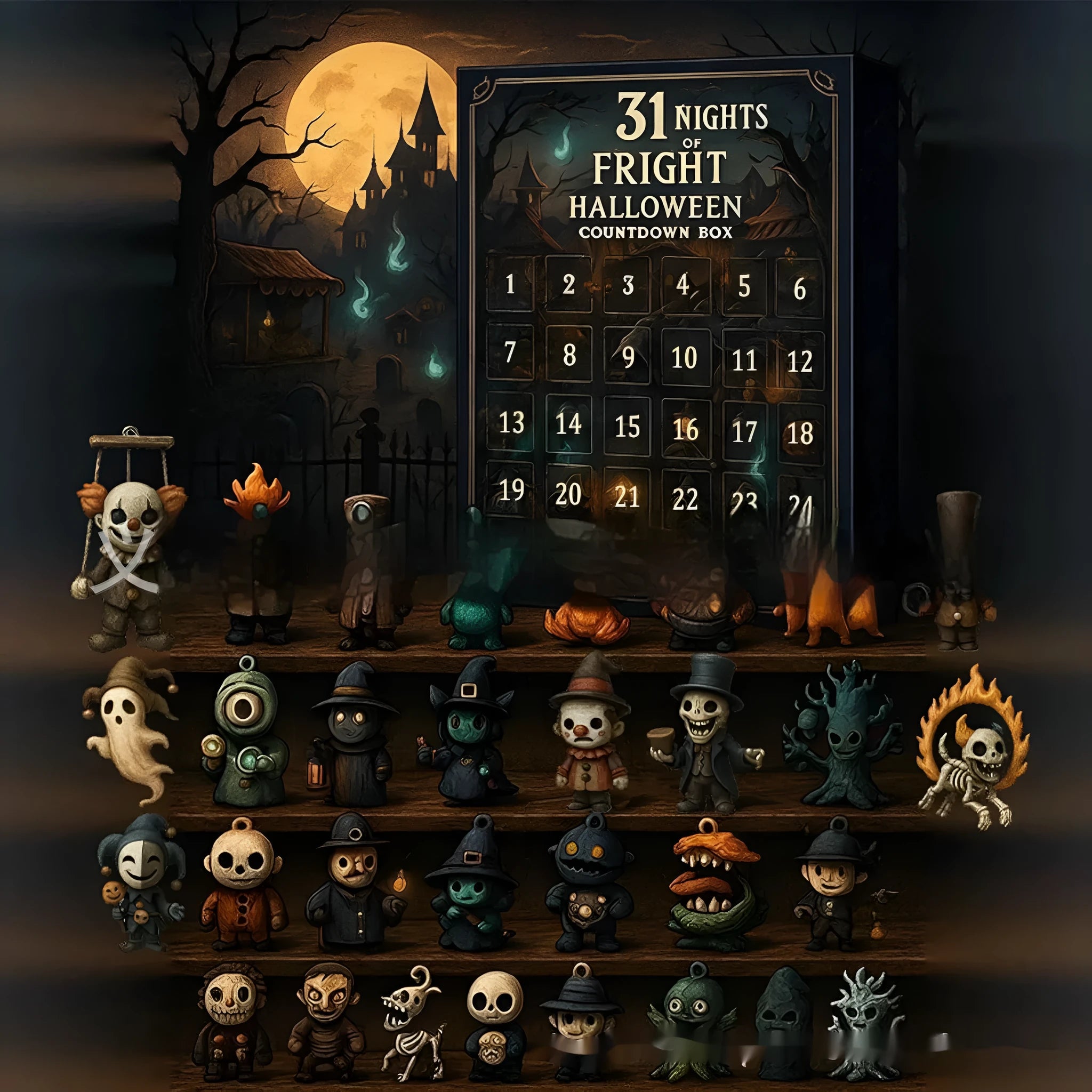 Halloween countdown calendar box with horror doll collectibles in resin and plastic construction