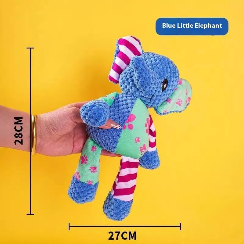 Bite-resistant plush puppy toy showing donkey, rechargeable duck, elephant, and dog styles