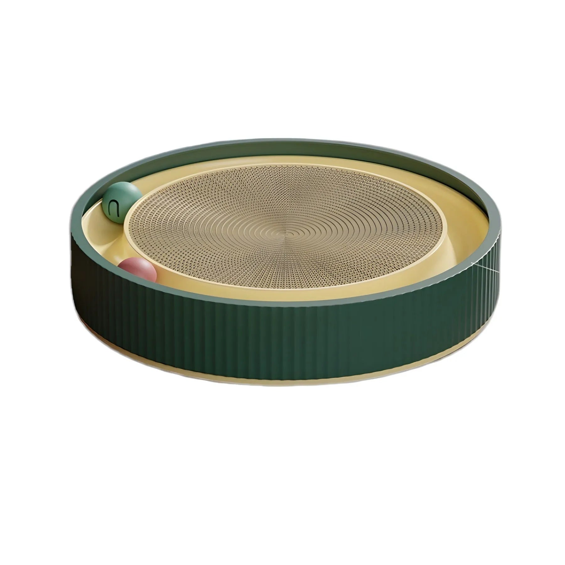 Large green cat scratching board with ball toys and replaceable cardboard core for indoor cats
