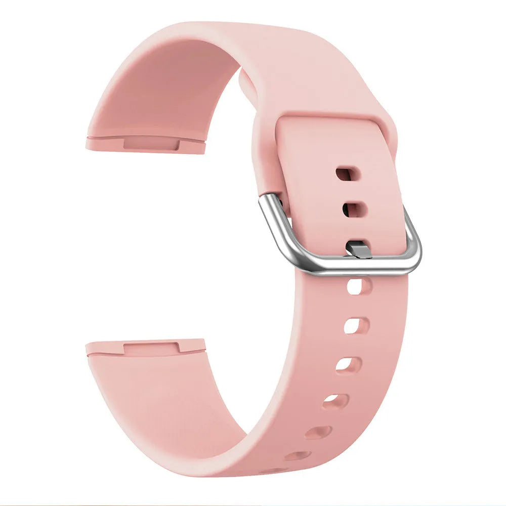 Silicone replacement strap with silver buckle for Fitbit Versa 3 and Sense 2 in multiple solid colour options.