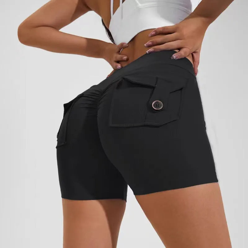 Women's high waist quick-dry nylon sports shorts with pockets in avocado green colour