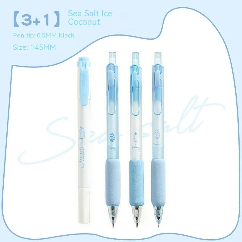 Four double-headed calligraphy pens with sponge press tips and fluorescent ends for student handwriting practice