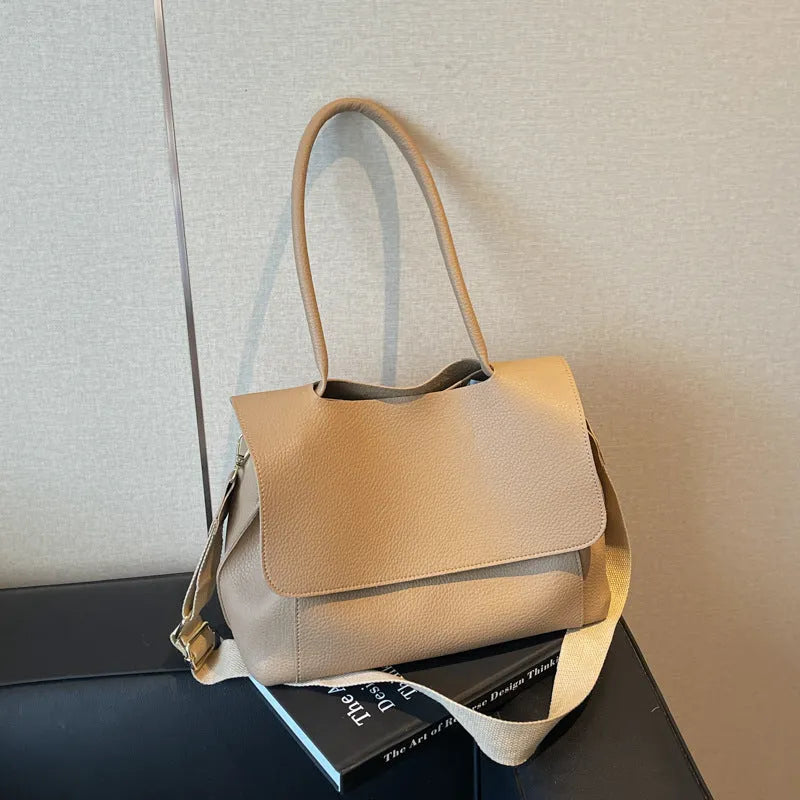 Vintage casual horizontal square PU tote bag with double straps in beige colour.