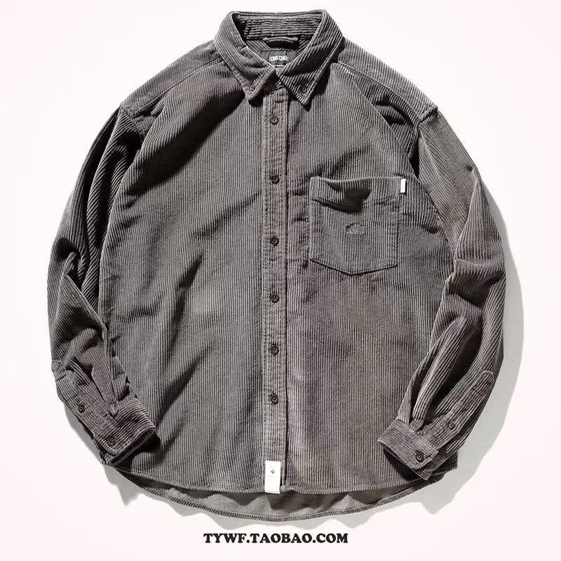 Caramel corduroy Hong Kong style loose fit cardigan shirt on hanger