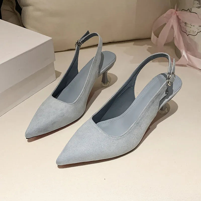 Women's suede stiletto high heels with pointed toe in apricot colour