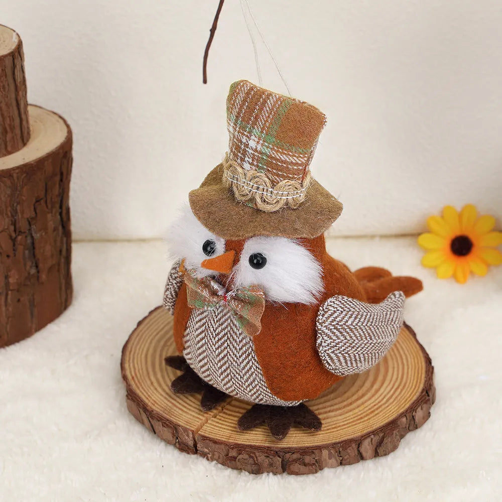 Green fabric owl harvest bird pendant ornament with hanging loop for Thanksgiving decor