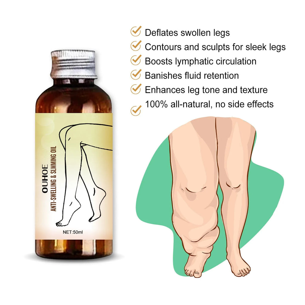 50ml bottle of moisturising essential oil with botanical extracts for body skin care and leg massage