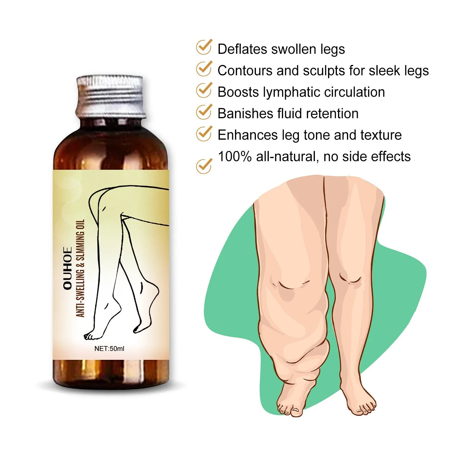 50ml bottle of moisturising essential oil with botanical extracts for body skin care and leg massage